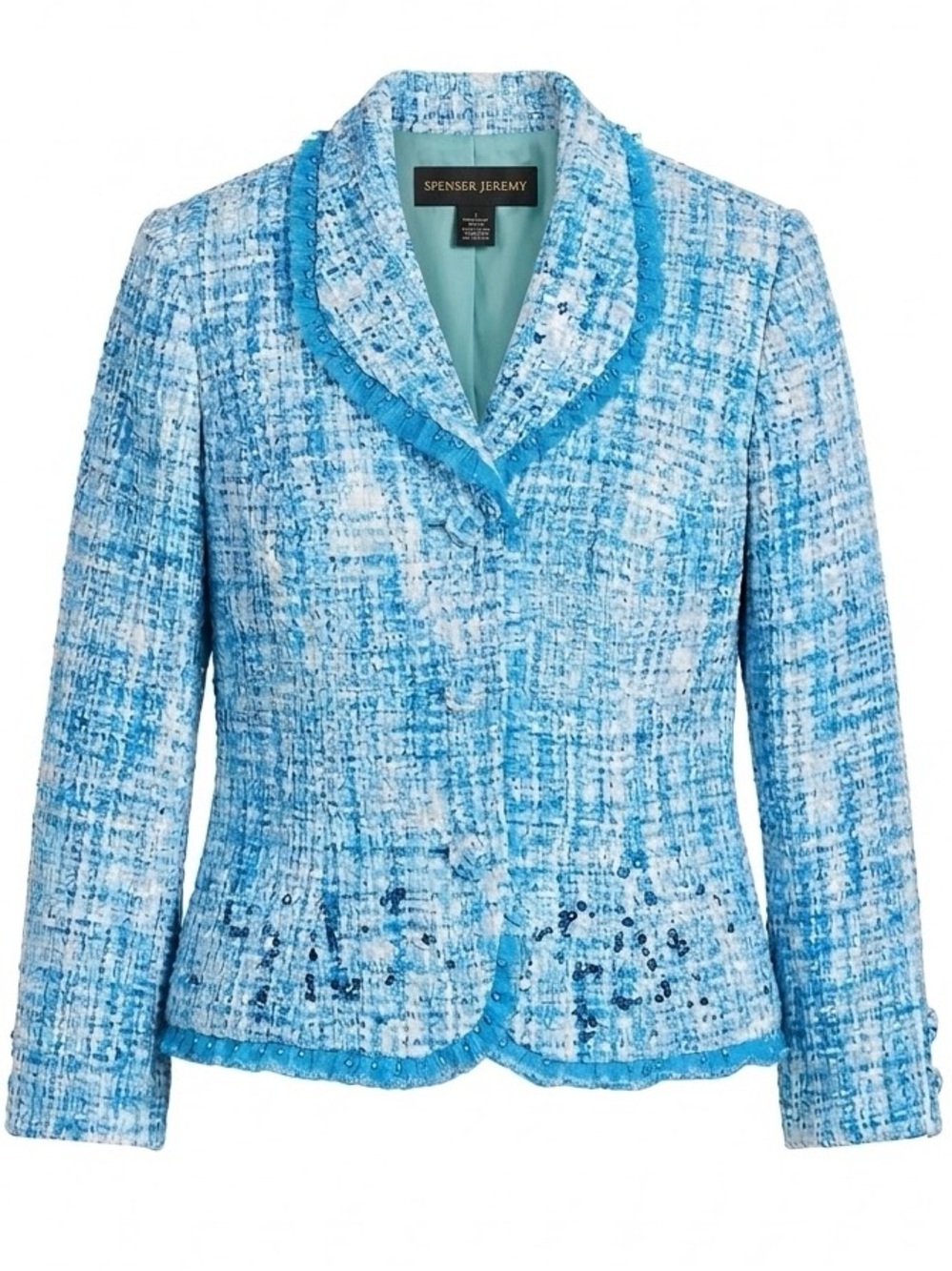 SPENSER JEREMY Blue Tweed Knit Blazer Jacket with Pearl and Lace Detail size 6